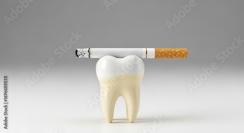 Cigarette rests on a tooth model showing smoking's harmful effects