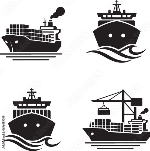 Silhouetted cargo ships illustration set for global logistics and international transportation solutions