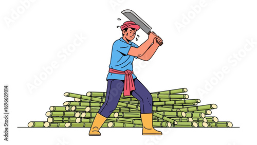 Hard work and dedication in Sugarcane harvesting: A diligent worker sweats while harvesting sugarcane with a machete, showcasing the toil and labor in the field.