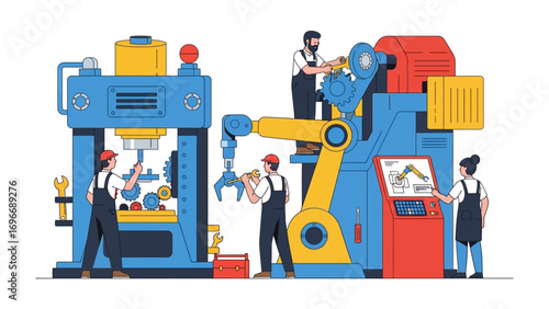 Factory Automation in Action: A vibrant, illustrated scene of a state-of-the-art factory, where a robotic arm and expert technicians seamlessly collaborate to showcase the future of industry.