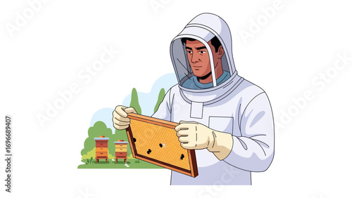 Beekeeper Inspection: An illustration of a beekeeper intently examining a honeycomb, embodying the dedication and care essential for sustaining healthy bee colonies. 