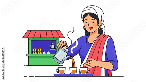 Brewing Tradition: An illustration of a woman in cultural attire pouring hot tea into cups, embodying a cultural essence of tranquility and hospitality. 