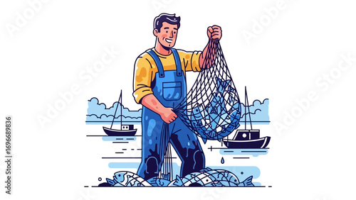 Happy Fisherman's Catch: An illustration of a joyful fisherman holding a net brimming with freshly caught fish, showcasing the essence of fishing and the sea. 
