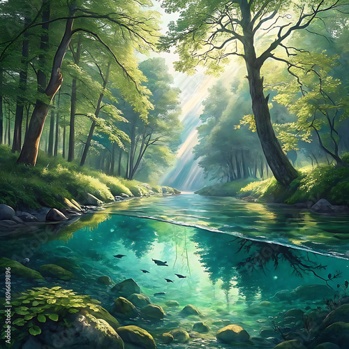 Wallpaper Mural Peaceful forest water stream illuminated by sunlight with crystal-clear reflections, Ai Generated Torontodigital.ca