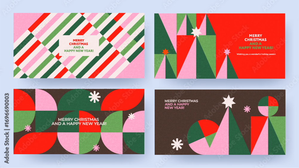 Fototapeta premium Merry Christmas and Happy New Year Set of backgrounds, greeting cards, posters, holiday covers. Xmas templates with typography and season wishes in modern geometric style for web, social media, print.