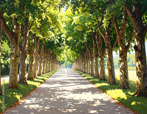 Sun-drenched tree-lined avenue