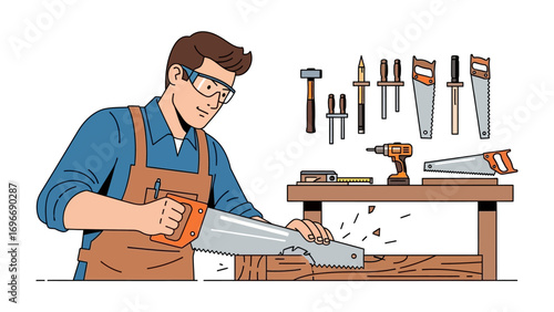 The Craft of Precision: A skilled artisan, safety goggles in place, meticulously saws through wood at a well-equipped workbench, showcasing the art of carpentry and craftsmanship.