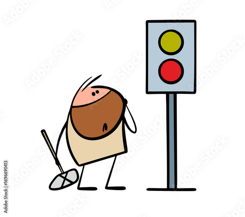 Prehistoric man with a shaggy beard and an axe looks at a traffic light in confusion. Vector illustration of a naive man from the past and new technologies on the road.
