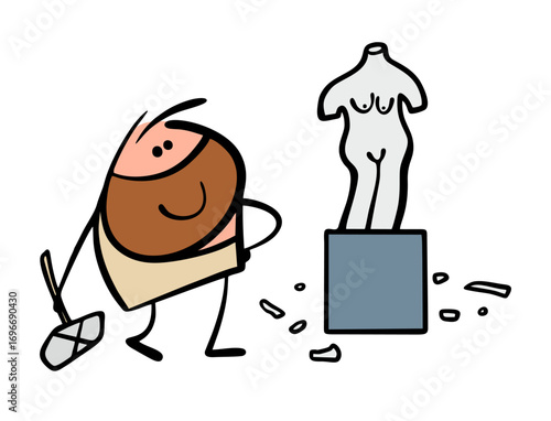 Shaggy-haired man from an ancient tribe made a sculpture with a stone axe. Vector illustration of sculptures and a masterpiece made of marble. a female figure.