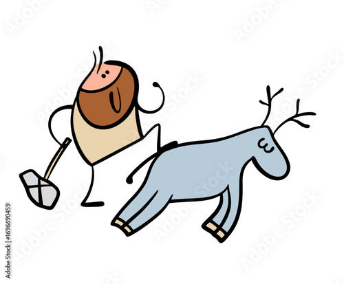 Cartoon prehistoric man from a wild tribe killed a deer while hunting. Vector illustration of a hunter with a beard celebrating success. A horned animal and a stone axe.