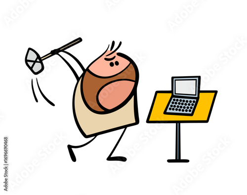 Aggressive wild man swung a stone axe at a computer. Vector illustration of a barbarian and a laptop. Shaggy beard, scream and new technologies.