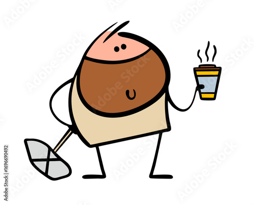 Doodle shaggy-haired man from the past holds a cup of hot coffee. Vector illustration of a delicious drink, a beard and a wild stickman. Cartoon character with tea.