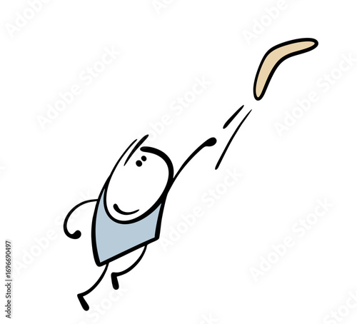 Doodle skilful stickman throws a boomerang into the sky. Vector illustration of an athlete in Australia. A child's toy, a boy or a teenager playing.