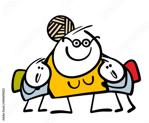 Two cartoon students hug their beloved teacher. Vector illustration of a woman, mother and pupil children with backpacks going to school.