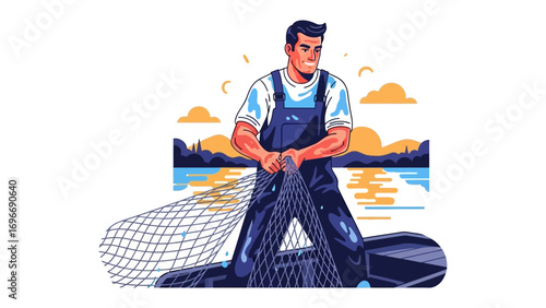 The Fisher's Work: A fisherman skillfully casts a fishing net, framed against a backdrop of a serene lake, capturing the essence of a hard-working day.