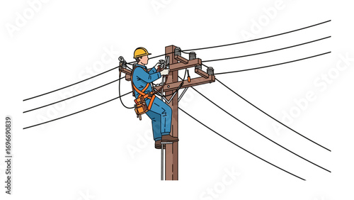 Electrical Technician at Work: An electrician ascends a wooden pole to meticulously repair high-voltage power lines, showcasing a vital job.