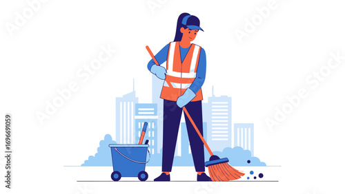 Cleaner at Work: A dedicated cleaner, clad in a vest and cap, meticulously sweeps the city streets with diligence, signifying responsibility.