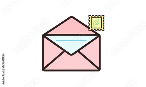 A simple cartoon illustration of an open pink envelope with a letter and a yellow postage stamp.