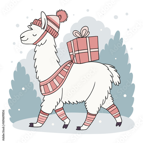 Llama wearing winter hat, scarf, and leg warmers walking in snow carrying christmas gift on back, perfect for holiday greeting cards or winter season vector illustrations.