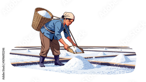 Salt Collector at Work: Depicting a salt farmer meticulously harvesting crystals from the salt pans, embodying labor, resourcefulness and industry.