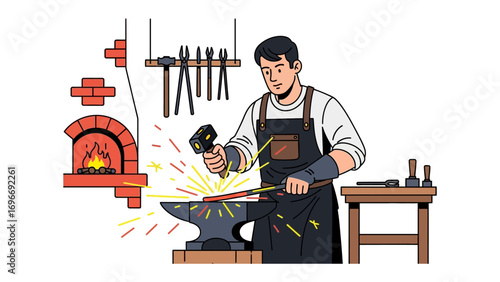 The Art of the Blacksmith: Witness the focused skill of a blacksmith as he expertly forges metal, sparks flying in a detailed, captivating illustration of craftsmanship and tradition.