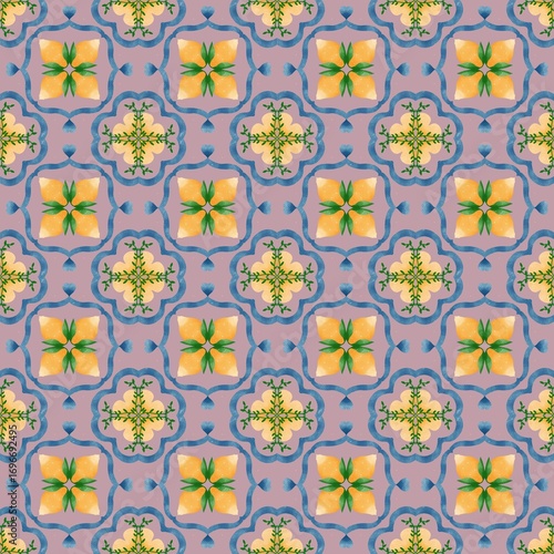 Seamless Floral Geometric Pattern with Yellow Flowers on Pink Background, Decorative Tile Design