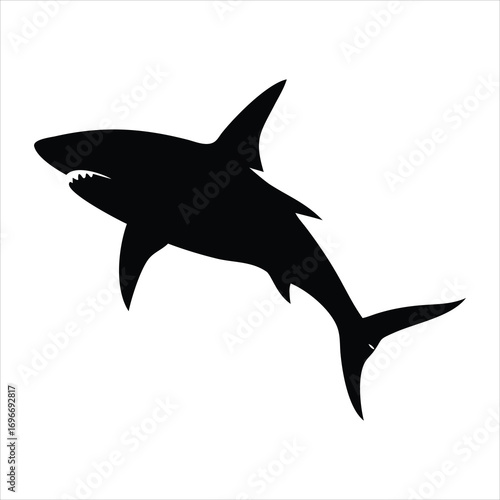 Black silhouette of a shark with sharp teeth and fins on a white background