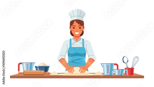 Chef kneading dough: a female chef, with a beaming smile and wearing a traditional white hat and apron, expertly kneads dough, the essence of her culinary craft