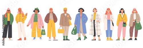 Diverse Group of Stylish Women Wearing Trendy Winter Outfits. Hand Drawn Vector Illustration Showcasing Modern Street Style Fashion in a Casual and Colorful Urban Setting.