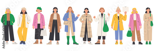 Diverse Group of Stylish Women Wearing Trendy Winter Outfits. Hand Drawn Vector Illustration Showcasing Modern Street Style Fashion in a Casual and Colorful Urban Setting.