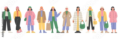 Diverse Group of Stylish Women Wearing Trendy Winter Outfits. Hand Drawn Vector Illustration Showcasing Modern Street Style Fashion in a Casual and Colorful Urban Setting.