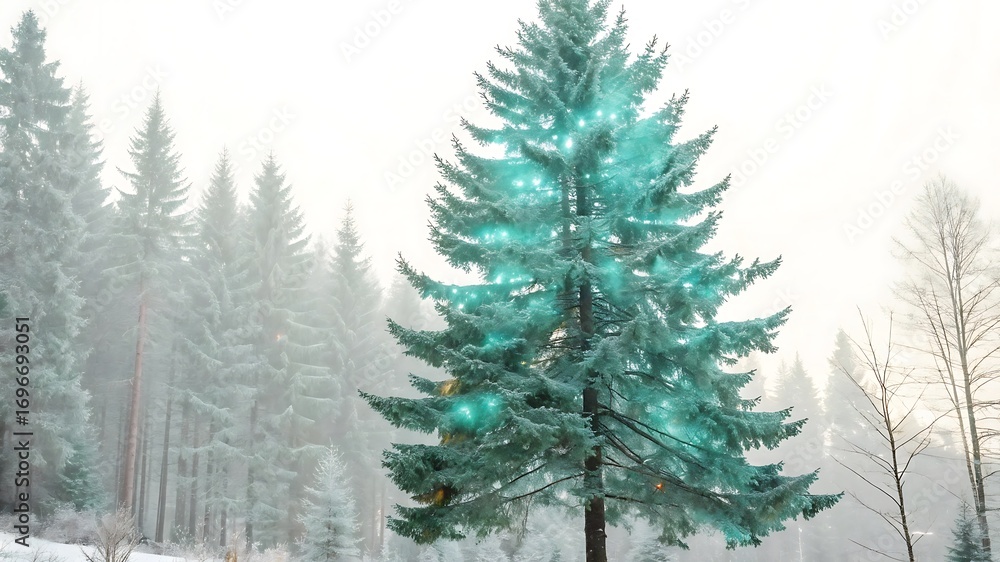 Fototapeta premium Snowy forest with a christmas tree covered in snow and blue lights