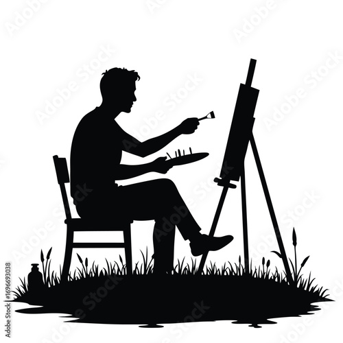Male artist painting on easel in silhouette canvas