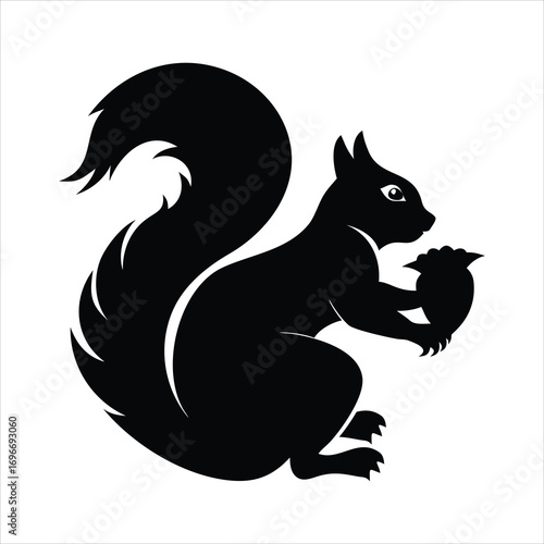 Stylized black silhouette of a squirrel holding a nut