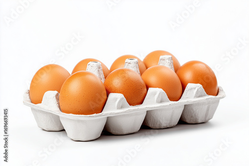 brown eggs neatly placed in an open cardboard egg carton. A fresh and natural food product commonly used for cooking, baking, and nutrition, isolated on a white background.
