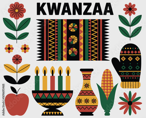 Kwanzaa Holiday Vector Illustration, Flat Lay Collection of Traditional Celebration Symbols in Modern Deco Style Featuring Candles, Kinara, Fruits, and Festive Cultural Elements