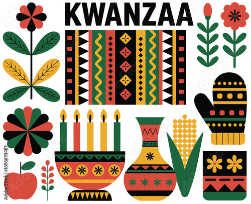 Modern Deco Kwanzaa Illustration,  Flat Lay Vector Featuring Traditional Symbols, Kinara Candles, Cultural Elements, and Festive Holiday Decorations for Celebration and Graphic Design Use