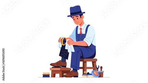Artisan at Work: A meticulous craftsman, seated on a stool, dedicates himself to the art of shoemaking. With focused precision, he polishes a shoe, embodying dedication to the craft. 