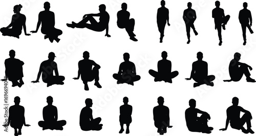 Male silhouettes in various sitting, standing, and relaxed poses, casual style, meditation, contemplation, body posture, black figures, isolated on white background