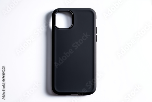 Black silicone phone case with smooth matte surface and camera cutout on white background. Minimalist protective smartphone cover designed for durability and modern style, isolated on white background