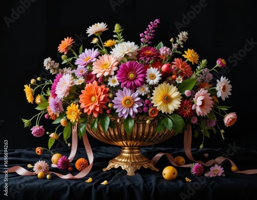 Wallpaper Mural A vibrant and abundant floral arrangement in a golden urn, adorned with ribbons and small fruits, evokes a sense of timeless beauty and celebration. Torontodigital.ca