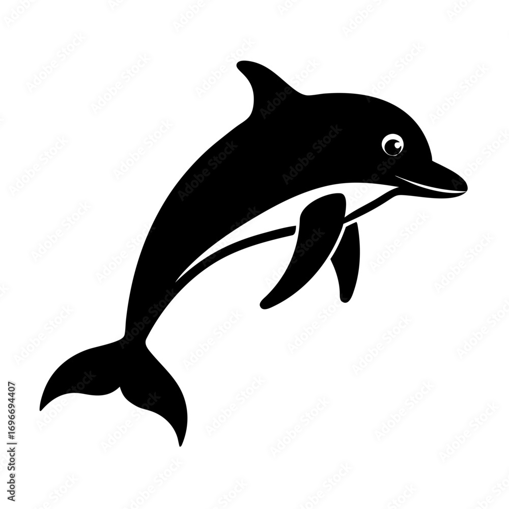 Fototapeta premium Jumping dolphin silhouette carrying surfboard ocean fun vector