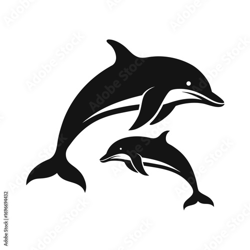 Two dolphins silhouettes swimming together ocean life vector