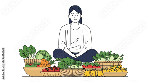 Healthy Lifestyle Choice: A woman sits serenely surrounded by baskets overflowing with a colorful bounty of fresh vegetables, embodying the essence of health, wellness, and a nutritious lifestyle.