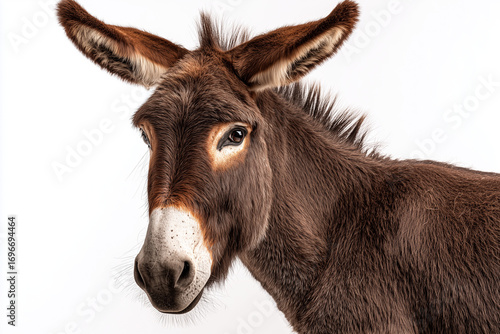 Full body of a donkey standing and facing slightly forward with alert ears. A farm animal representation symbolizing rural life, agriculture, and traditional livestock, isolated on white background.

