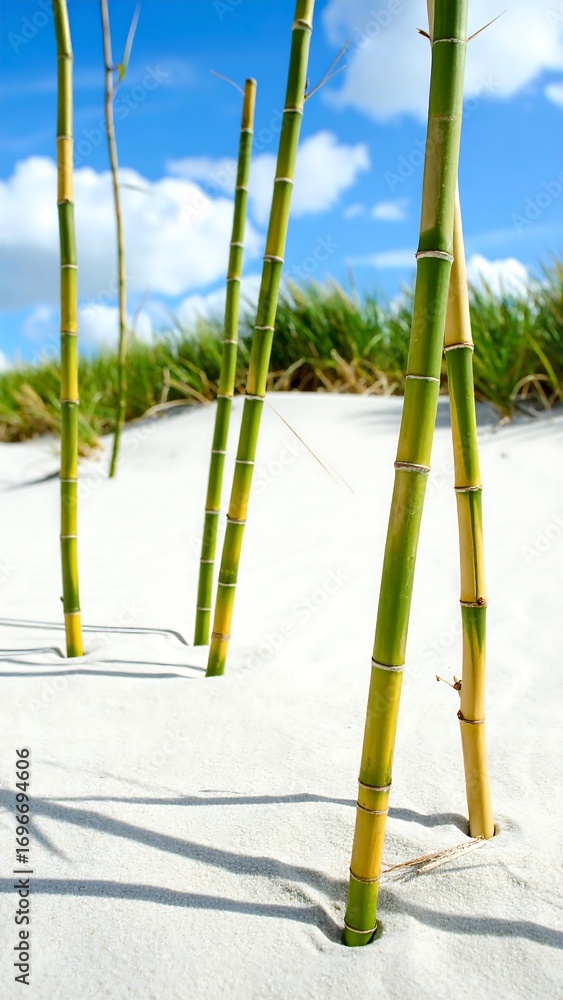 Fototapeta premium Several vibrant green and yellow bamboo stalks stand tall in soft white sand, highlighting the tranquil beauty of nature.