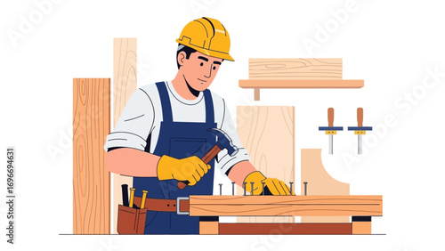 Craftsman's Precision: A skilled craftsman, clad in work attire and protective gear, meticulously hammers a nail, demonstrating the art of carpentry with focus and expertise.