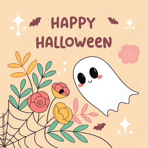 Cute Halloween illustration with friendly ghost, flowers, bats, and web for festive greetings