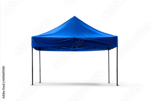 Empty market stall and tent with canopy top and counter stand. A vibrant fair booth structure symbolizing street food, carnival, and festive sales, isolated on white background.
