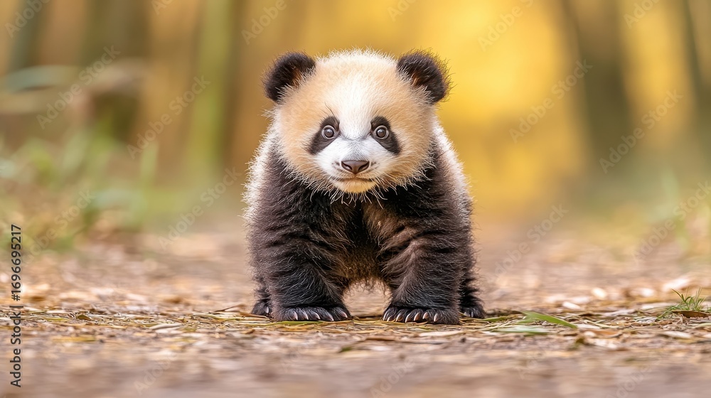 Obraz premium Adorable Baby Panda Cub Walking on a Woodland Path in Autumn